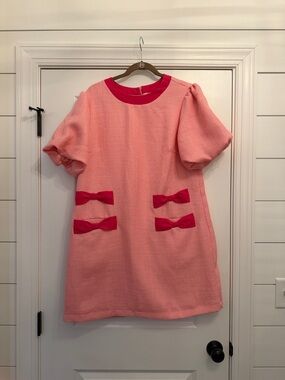 Pink A-Line Dress with Hot Pink Trim and Bow Details